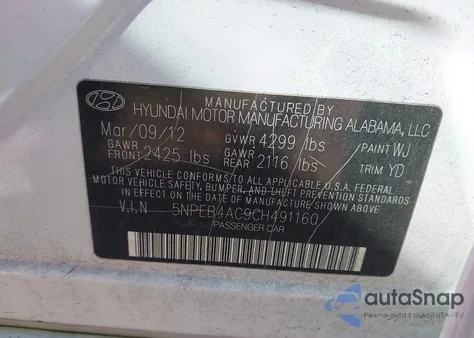 2012 Hyundai Sonata Gls z USA, uszkodzony, nr VIN 5NPEB4AC9CH491160